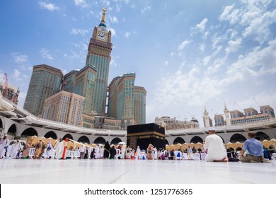 Makkah, Saudi Arabia -August 3, 2018:Muslim Pilgrims at The Kaaba in The Haram Mosque of Mecca, Saudi Arabia, during Hajj.