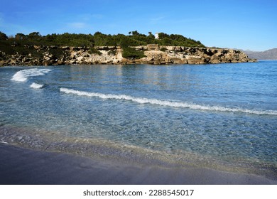 Mal Pas-Bon Aire, Mallorca, Spain. View over the beach "Platja de Sa Font de Sant Joan" to the bay.