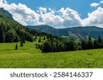 Mala Fatra mountains from Vrchpodziar above Stefanova village in Slovakia with Velky Rozsutec hill summit and other hills, meadow, hiking trail and blue sky with clouds