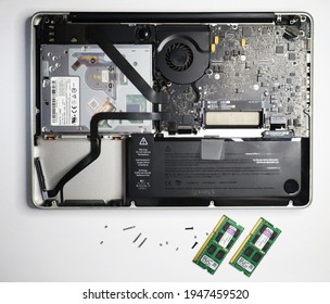 Malacca, Malaysia - March 31,2021 : Old Macbook Pro 2012 Internal Parts For Repair (memory Card Replacement)