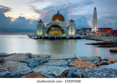 Malacca Straits Mosque, Malaysia At Sunset