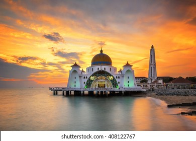 Malacca Straits Mosque, Malaysia At Sunset