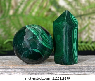 Malachite crystal tower and Malachite sphere for crystal healing, health and wellness