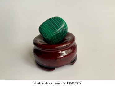 Malachite Gemstone In Wood Wood Base