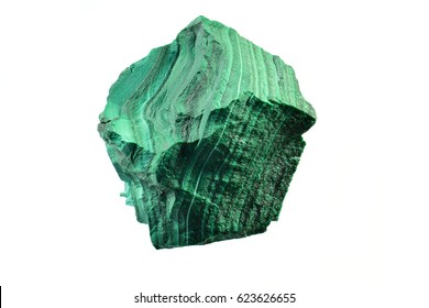 Malachite, green mineral stone isolated on a white background.