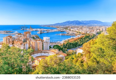 Malaga aerial cityscape, Costa del Sol, Andalusia, Spain - Sea cargo port in Mediterranean sea. 
 - Powered by Shutterstock