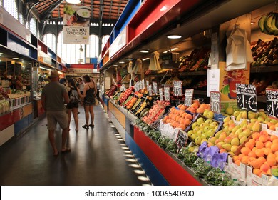 MALAGA, ANDALUSIA, SPAIN - JULY 25, 2017: An inner view of Central Market Atarazanas (Mercado Central Atarazanas) located in city center.