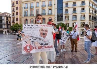 Malaga Spain; 05 29 2021; People Protesting Against Alexander Lukashenko In Malaga Spain. Belarus Politics Protest Against Dictatorship. Ryanair Flight Deviation Protest