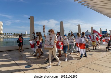 Malaga Spain; 05 29 2021; People Protesting Against Alexander Lukashenko. Belarus Protest Against Dictatorship. Recently A Ryanair Flight Was Deviated To Intercept A Journalist In Mink Belarus.