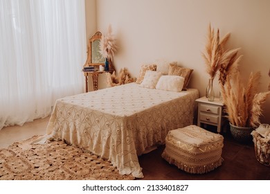 Malaga Spain 08 March 2022 Boho Chic Style Bedroom With Pampas In A Photo Studio