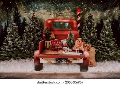 Malaga Spain 10 october 2021 Christmas photo session backdrop in a photo studio with a red vintage truck and a forest
