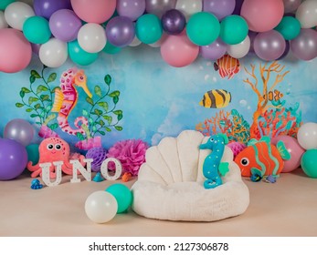 Malaga Spain 5 July 2021 First Birthday Smashcake Photo Session Of An Under The Sea And Little Mermaid Theme In A Photo Studio