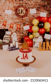 Malaga Spain 6 March 2022 Harry Potter Style First Birthday Photo Session In A Photo Studio With Balloons, Suitcases, Books, Letters And Candles