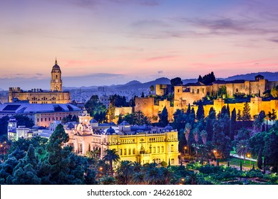 Malaga, Spain cityscape at the Cathedral, City Hall and Alcazaba citadel of Malaga.