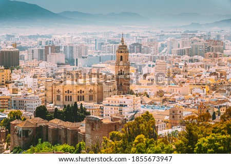 Similar – Image, Stock Photo Malaga, Spain. Cityscape Elevated View Of Malaga In Sunny Summer Evening. Altered Sunset Sky