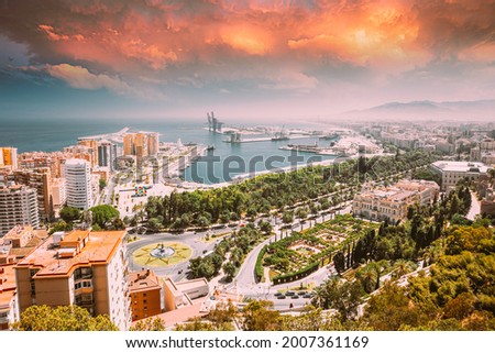 Similar – Image, Stock Photo Malaga, Spain. Cityscape Elevated View Of Malaga In Sunny Summer Evening. Altered Sunset Sky