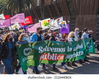 Malaga, Spain - February 19, 2022: Group Of Protesters In Support Of Public Health. Public Health In Spain Is Suffering Many Economic Cuts