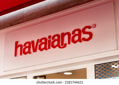 MALAGA, SPAIN - JULY 17, 2022. Havaianas Logo On Havaianas Shop. Havaianas Is A Brazilian Brand Of Flip-flop Sandals