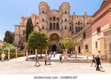 Malaga, Spain, June 10, 2022; View Of The Facade Of The Malaga Cathedral Or Santa Iglesia Catedral Basílica De La Encarnación.