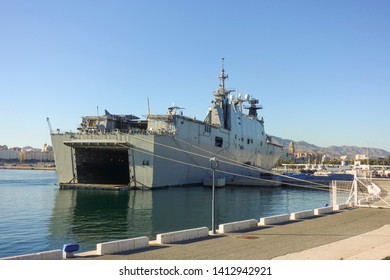 Malaga/ Spain October 27. 2017. Aircraft Carrier, Spanish Ship, Juan Carlos I In The Port Of Malaga.