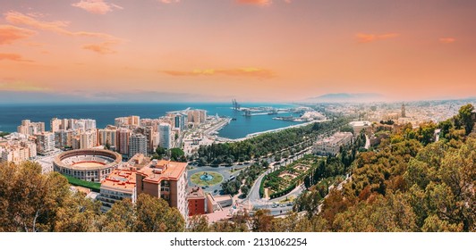 Malaga, Spain. Panorama Cityscape Elevated View Of Malaga In Sunny Summer Evening. Altered Sunset Sky. - Shutterstock ID 2131062254