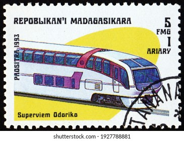 MALAGASY - CIRCA 1993: A Stamp Printed In Malagasy, Madagascar Shows Super View Odoriko, The 251 Series Train, Japan, Circa 1993