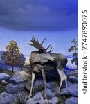 Malang, East Java, Indonesia - August 3 2025: A large bull Moose taxidermy specimen with prominent antlers displayed in a forest and rock diorama at a natural history museum.
