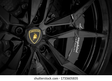 Malang, East Java / Indonesia - December 7 2014: Close Up Of Famous Lamborghini Bull Logo On Wheel Rim With Brakes