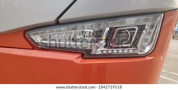 Malang, Indonesia - 28/10/2020: The Front Lamp
of a bus from Tentrem
Karoseri