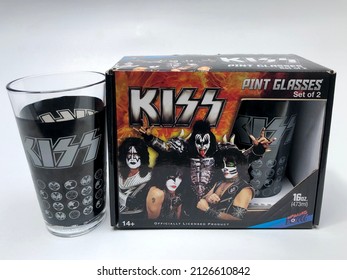 Malang, Indonesia - Feb. 21th 2022:  Each Pint Glass Represents An Album Cover And Concert Poster From The Classic Rock Band KISS