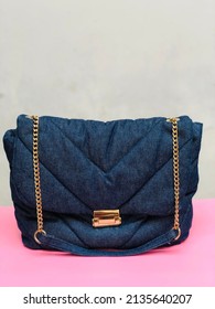 Malang, Indonesia - March 15, 2022 : Zara Denim Shoulder Bag With Gold Chain.