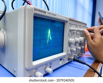 Malang, Indonesia - November 9th, 2021: Oscilloscope used to conduct electronics practical experiments