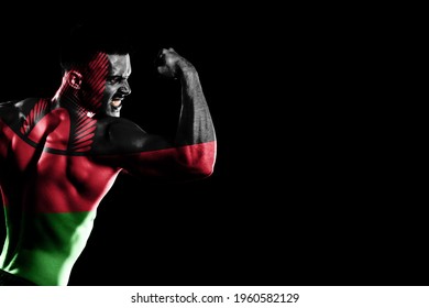 Malawi Flag On Handsome Young Muscular Man Black Background