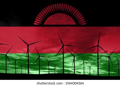 Malawi Flag Wind Farm At Sunset, Sustainable Development, Renewable Energy Wind Turbines