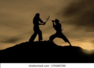 Malay martial arts "SILAT"  fighters are fighting with the sword