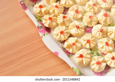A Malay traditional cookies called as Biskut Bunga Cina or Chinese Flower Cookies served during Eid Fitri.