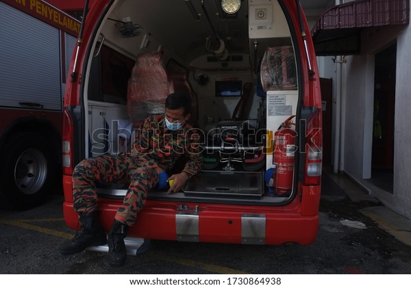 Malaysia 02 May 2020. Malaysian Fire and\
Rescue Department in its public sanitation and disinfection\
operations at COVID-19 high-risk areas in Johor.\
