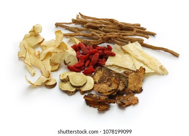 malaysia bak kut teh ingredients, traditional chinese herbal medicine isolated on white background