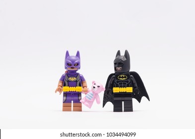 MALAYSIA Feb 18 2018 Batman Watching Batgirl Holding Teddy Bear Lego Minifigures