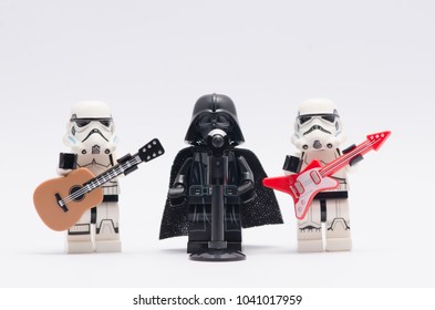 MALAYSIA, feb 18, 2018. mini figure of darth vader with microphone and stormtrooper with guitar. Lego minifigures are manufactured by The Lego Group.