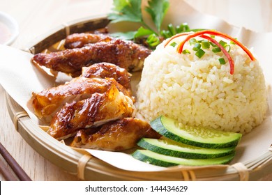Malaysia grilled chicken rice. Asian style Hainan chicken rice close-up. Asian food.