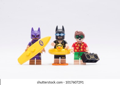 MALAYSIA, jan 21, 2018. batman, bat women and robin going on vacation. Lego minifigures are manufactured by The Lego Group.