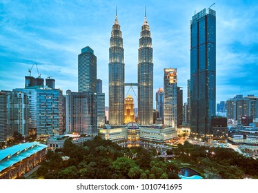 Malaysia - January 13, 2018 : Night Panorama Of The Petronas Twin Towers 