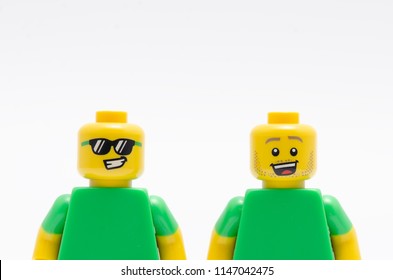 MALAYSIA, jul 30, 2018. Two Lego minifigures - one wearing sunglass and one happy.  Lego minifigures are manufactured by The Lego Group.