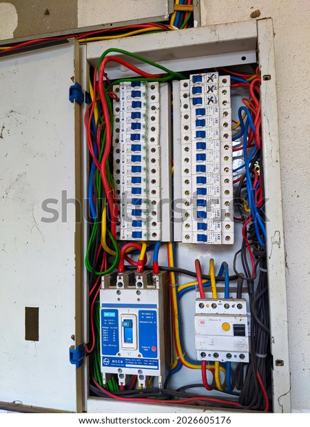 Malaysia, Kedah, 17 August 2021 : Distribution\
board is a component of an electricity supply system that divides\
an electrical power.