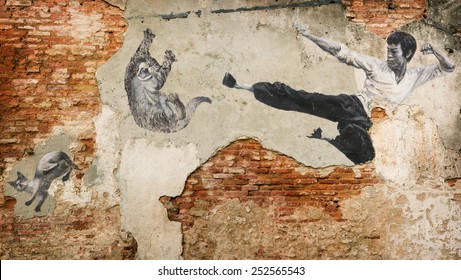 MALAYSIA, PENANG, GEORGETOWN - CIRCA JUL 2014: A Black And White Mural Of Bruce Lee Attacking A Cat With A Flying Kick.