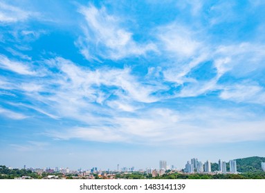 Malaysia, Penang, View Of The City From Kek Lok Si Temple. Beautiful Blue Sky And Buildings Scene.