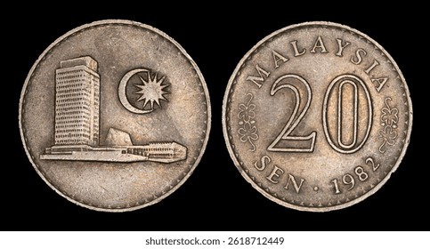 Malaysia Ringgit, Sen coin macro isolated on a black background