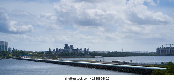 Malaysia And Singapore Causeway View. The Border Is Closed Due To Pandemic COVID19.