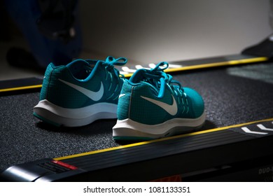 MALAYSIA.MARCH 2018. Nike Runner Shoe With Strobe Light Effect On Gym.  